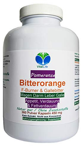 Bitterorange F-Burner & Gallebitter für Magen + Darm + Leber 360 Pulver Kapseln. NATUR PUR. 26469-360