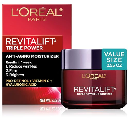 L'Oreal Paris Revitalift Triple Power Anti-Aging Face Moisturizer, Pro Retinol, Hyaluronic Acid & Vitamin C to Reduce Wrinkles, Firm & Brighten Skin, 2.55 Oz