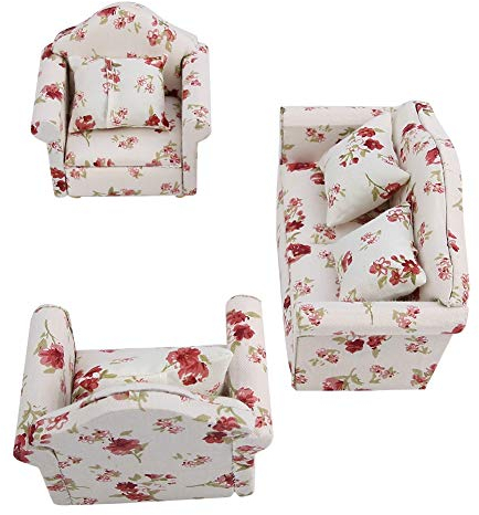 Puppenhaus Sofa, 1/12 Skala Puppenhaus Zubehör Blumenmuster Mini Möbel Sofa Set mit Rückenkissen(#1)
