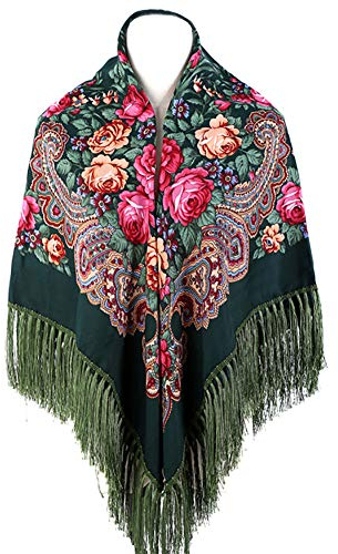 Gudessly Sciarpa tradizionale da donna, scialle con nappa, frange, scialle per collo, testa, scialle, sciarpa retrò con stampa floreale poncho scialle, verde scuro, taglia unica