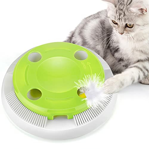 PETTOM Katzenspielzeug Elektrisch, Katzenspielzeug Selbstbeschäftigung Automatisch Batterieberieben, Interaktives Spielzeug für Katzen mit 2 Austauschbaren Federn