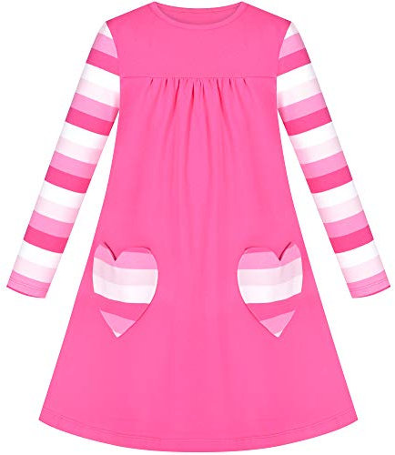 Sunny Fashion Girls Dress Pink Long Sleeve Heart Pocket Striped Casual Cotton T-Shirt Dress Age 8 Years