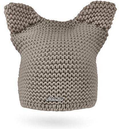 Neverless® Damen Strickmütze Katze Katzenohren Winter-Mütze Grobstrickmuster Strick-Beanie Dunkelbeige