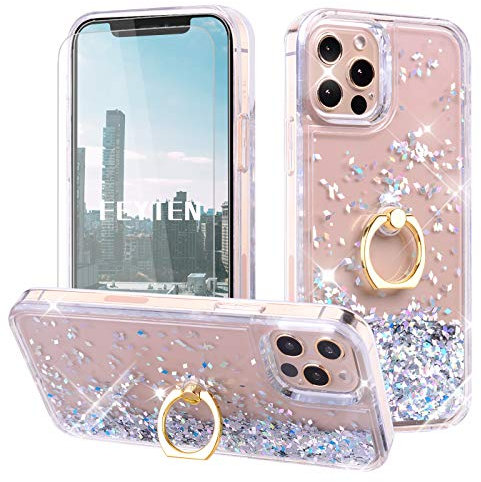 Feyten Kompatibel mit iPhone 12/iPhone 12 Pro Hülle (6,1 Zoll) mit Displayschutz [2 Stück],Glitzer Flüssig Treibsand Fließend Glitter Quicksand Schutzhülle Handyhülle mit Ring 360 Grad Ständer(Silber)
