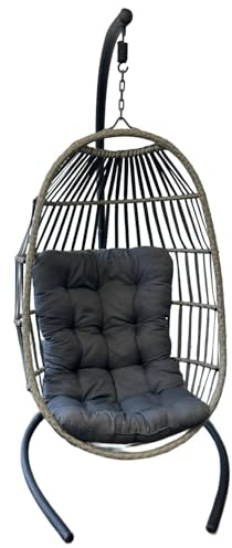 SEDOL Hanging Egg Chair with Stand – Foldable Rattan Swing Chair for Garden, Patio or Balcony – Indoor Outdoor Collapsible Hanging Seat with Cushion – Summer Relaxation Garden Chair (Grey)