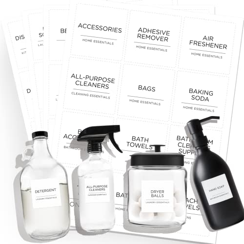 Minimalistisches Waschraum-Etiketten-Set, v2croft 144 vorgedruckte matte Vinyl-Hausorganisations-Aufkleber für Waschküche, Wäscheschrank, Badezimmer, Reinigungsmittel, wasserdichte Aufkleber (weiß)