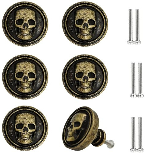 JfwuHap Vivicap Totenkopf-Knäufe, 6 kreative Totenkopf-Knöpfe, Schrankknauf, solide Metallbasis, Möbelgriff, Einlochknäufe für Kommoden, Schubladen, Schränke (E)