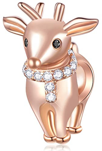 2025 Rose Gold Rudolph Reindeer Charms with Clear CZ, fits Pandora Christmas Bracelet, 925 Sterling Silver Xmas Deer Beads, Gifts for Girlfriend/Wife/Sister