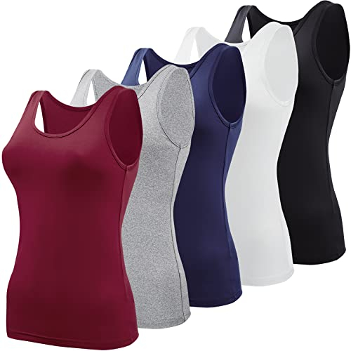 BQTQ 5 Pièces Débardeur Femme Extensibles Tank Top Basique Caraco Classics Débardeur pour Femme et Fille, Noir, Blanc, Gris, Rouge Foncé, Bleu Marine, L