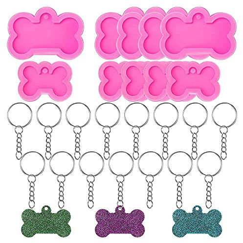YUPVM Hunde Knochen Harz Silikon Formen, 10 StüCk DIY Niedliche Hunde Marke Epoxid Harz Form mit 20 StüCk SchlüSsel AnhäNger für DIY Bastel Arbeiten