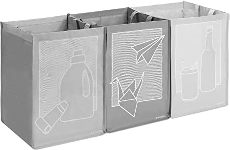 Navaris Recycling Bags for Kitchen (Set of 3) - Reusable Recycle Bag Set to Separate Paper, Plastic, Glass - Indoor Sorter Bin Organiser Bins - Grey