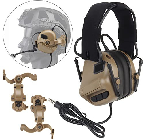 WLXW Casque Tactique pour Airsoft (Monté sur La Tête Et Monté sur Casque), Casque Antibruit De Chasse Militaire avec Adaptateur De Rail De Casque Tactique À Rotation Multi-Angle,Headset Tan