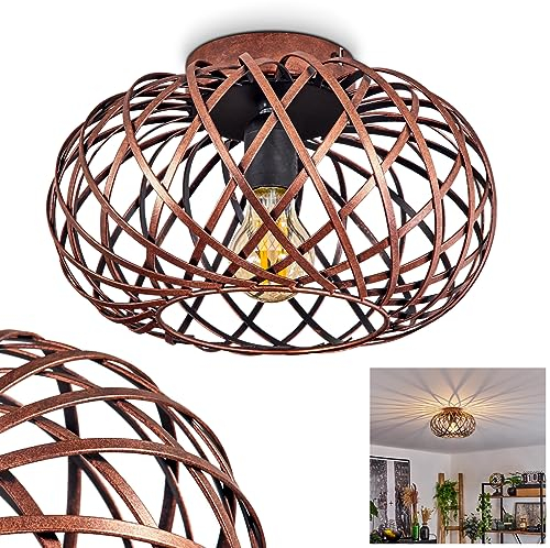 Deckenleuchte Oravi, runde Deckenlampe aus Metall in Kupferfarben, 1-flammig, E27-Fassung, ohne Leuchtmittel, Ø 30 cm, Retro/Vintage Leuchte mit tollem Lichteffekt durch Gitter-Optik