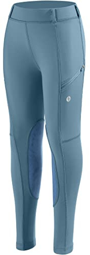 SANTINY Girls Horse Riding Pants with Zipper Pockets Kids Stretchy Equestrian Breeches Knee-Patch Youth Schooling Tights (Dusty Blue_L)
