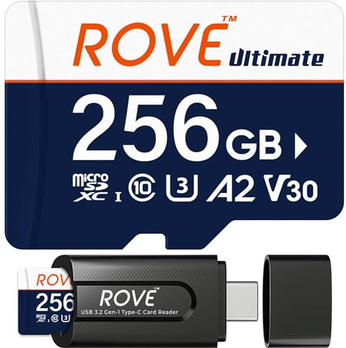 ROVE Ultimate Carte Micro SD microSDXC 256 Go avec lecteur de carte USB 3.2 Type C 170 Mo/s C10, U3, V30, 4K, A2 pour Dash Cam, smartphones Android, tablettes, jeux