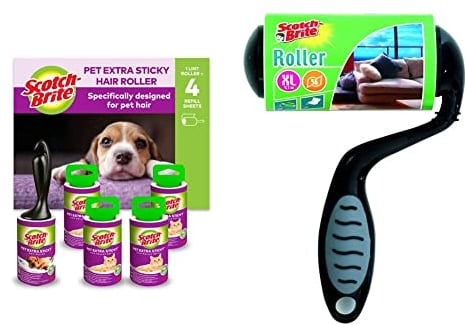 Scotch-Brite Pet Extra Sticky Lint Roller 48 sheets + 4 Scotch-Brite Pet Extra Sticky* Hair Roller Refill 48 sheets,5 rolls- 240 sheets in pack & Scotch-Brite FSR XL Large Surfaces Roller 56 Sheets XL