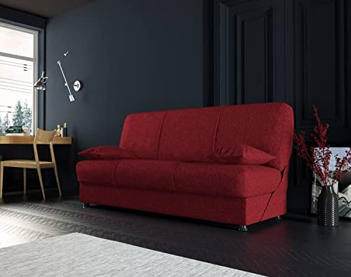 Dmora - 3-Sitzer Schlafsofa Alvaro, Sofa mit Stauraum und 2 Kissen inklusive, gepolstertes Stoffsofa mit klick-Klack-Öffnung, 180 x 81 x 90 cm, Rot