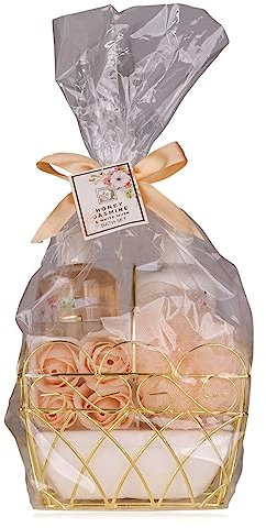 Accentra – Duschset Frauen Geschenkset HONEY JASMINE in wunderschönem Drahtkorb – 4-teiliges Pflegeset mit Duschgel, Bodylotion, Badekonfetti & Schwamm – Wellness Geschenk Set zum Geburtstag