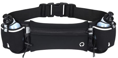 SOONHUA Ceinture d'hydratation de course avec porte-bouteille d'eau réglable - Double poches - Poche de taille pour course à pied, jogging, camping, noir, Taille standard, Tendance