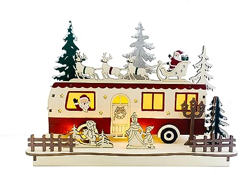 Bonetti LED Camper Weihnachten aus Holz mit warm-weißen Lichtern beleuchtet, teillackiert, ca. 26 x 19 cm lang, Moderne Weihnachtsdekoration