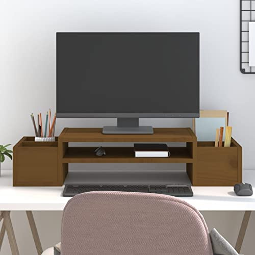 Homgoday Brown Monitor Stand, 70 x 27.5 x 15 cm, Solid Pine Wood, TV Stand, Low Cabinet for TV for Industrial Coffee Table, TV Stand Living Room