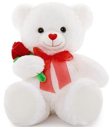 MorisMos Ours en Peluche avec Fleur, 50cm Blanc Ours Peluche Moyenne Nounours en Peluche Kawaii Animaux en Peluch Teddy Bear Cadeau pour Petite Amie, Enfants pour Anniversaire, NoëL, Saint-Valentin
