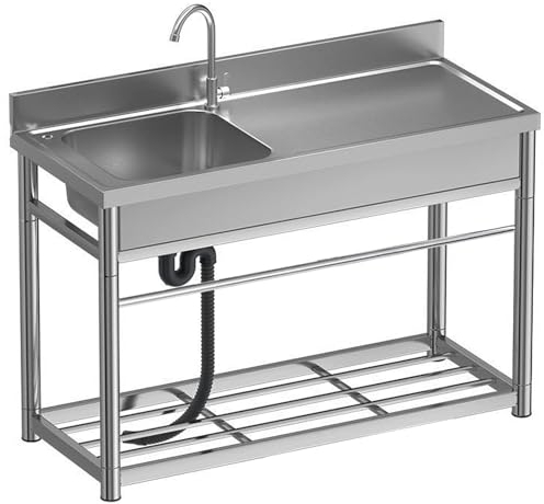 Freistehende 304 Edelstahlspüle mit Wasserhahn und Werkbank Kommerzielle Gastronomie Einzelne Spüle für Garage, Restaurant, Küche, Waschküche, Außenbereich, hohe Aufkantung