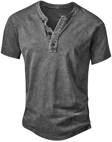 NITAGUT Men's Distressed Henley Shirts Vintage Short Sleeve T-Shirts Washed Cotton Casual V-Neck Button Tee Shirts,Grey,XL