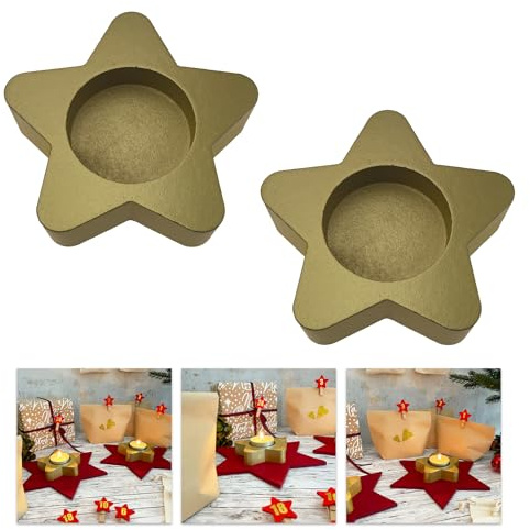 Oblique Unique® Teelichthalter Stern 2er Set Kerzenhalter Sterne aus Holz - Tisch Dekoration für Winter Weihnachten Weihnachtsfest Festtafel (Gold)