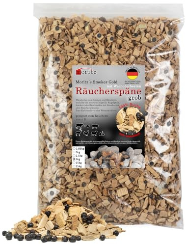 Moritz Räucherchips Buche Wacholder grob 5 kg – Smoker Gasgrill Fisch Wurst | lange Brenndauer, harzige Wacholdernote, für Räucherbox, Elektrogrill und Holzkohlegrill, große Vorratspackung