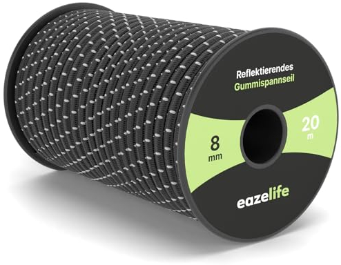Gummiseil auf Rolle - reflektierend, wetterfest, zuschneidbar, hochelastisch, belastbar, vielseitiges Expanderseil für Anhänger, Segelsport, Angeln & Outdoor (schwarz, 8mm x 20m)