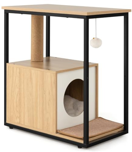 GYMAX Table d'Appoint & Condo pour Chat & Arbre à Chat 3-en-1, Maison de Toilette avec Griffoir en Sisal, Balle de Jeu Suspendue, Coussin Amovible, Dispositif Anti-basculement (Naturel)