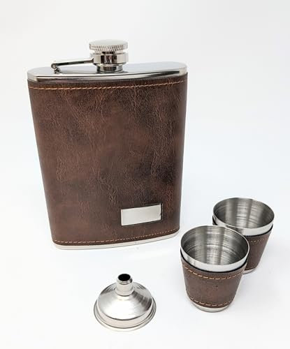 Stainless Steel Hip Flask Set with Brown Leather Wrap – Includes Funnel and 2 Metal Shot Cups – Pocket Size Flask in Presentation Box – Ideal for Travel, Outdoor and Everyday Use JR1363