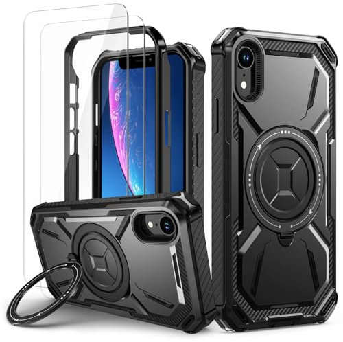 Lanhiem für iPhone XR Hülle mit 2 Stück Schutzfolie, 360° Ring Ständer Schutzhülle, Militärischer Stoßfest Handyhülle für iPhone XR Case, Schwarz