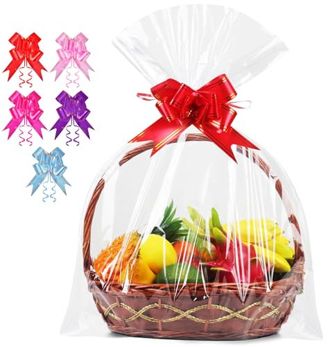 5 Stück Extra Groß Geschenkfolie Transparent Cellophantüten, 90x140cm Zellophantüten mit 5 Zugschleifen Geschenke, Geschenktüten Durchsichtig für Blumen, Geschenkkörbe, Kunsthandwerk, Leckerli Wrap