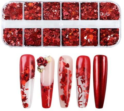 Miaija Valentines Day Nail Art Sequins Set Red Charms Foil Paillettes Glitters Heart Shaped Nail Decorations for Women Girls