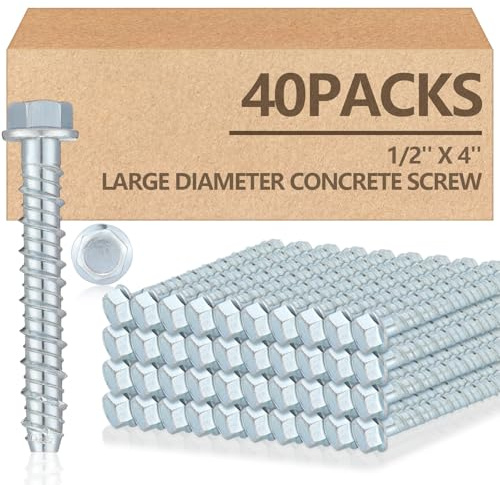 Tandefio 40 Pack 1/2 x 4 Concrete Screw Anchors Galvanized Large Diameter Heavy Duty Plated Concrete Anchors for Masonry Brick Anchoring Block Decking Framing Hex Drive