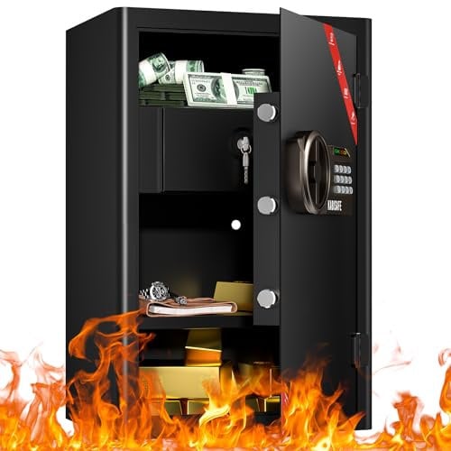 KABISAFE Caja Fuerte ignífuga con Cajón Resistente al Fuego, 70L Grande Caja Fuerte Digital con Llave y Contraseña, Caja Fuerte de Seguridad para el Hogar, Hotel, Dinero, Joyería