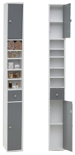 Multigot Bathroom Tall Cabinet, Wooden Slim Cupboard with 1 Drawer, 2 Cabinets & 5 Adjustable Shelves, Narrow Organizer Unit for Bedroom Living Room Hallway (Grey+White)