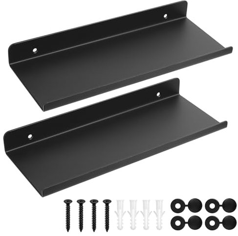 QJKEJI 2 Pcs Petites Etagere Murale Noire, Petite Étagère Murale Etagere Noir, Tablette Étagère Flottante Murales Suspendue pour Salle de Bain Chambre à Couche Cuisine Bureau, 30 x 12 x 3,5 cm