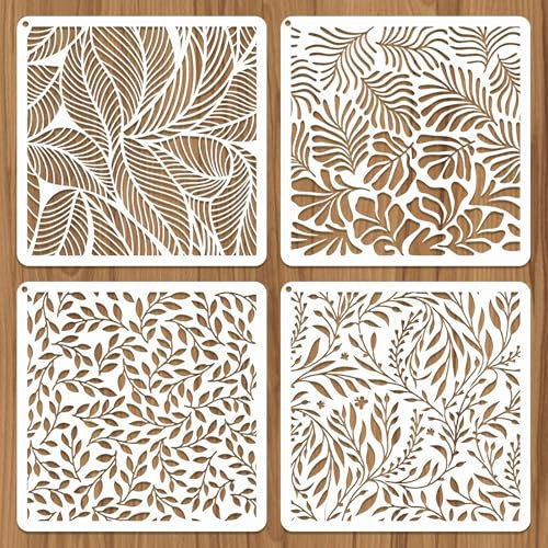 JSRQT 4 Pièces Pochoirs Décoratifs Feuilles, Modèle de Dessin de Textures pour Peinture, Set de Pochoirs Réutilisables en Plastique pour Toile Bois Verre Scrapbooking Meubles Sol, 20×20 cm