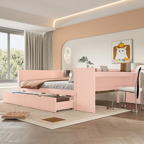 NovaFurnish Flachbett, Holzbett, 140x200cm, mit Schreibtisch, ausgestattet mit 2 Schubladen, Doppelbett(Ohne Matratze), mit Regalen, Kiefer + Spanplatte(Rosa, 242X164X73)