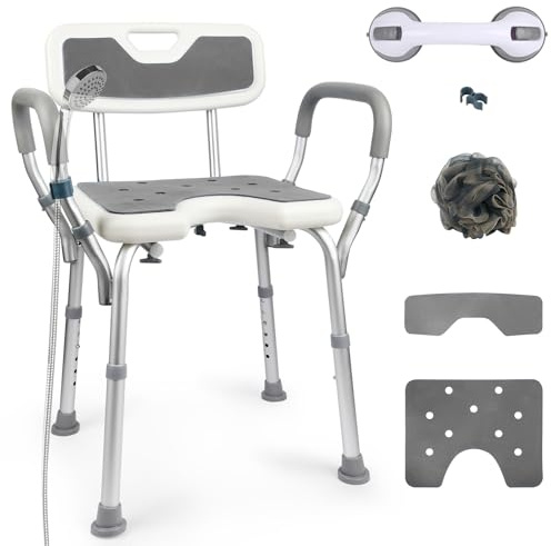 Casgee Duschstuhl, Duschhocker für Senioren, rutschfest Duschstuhl mit Armlehnen, Höhenverstellbar Duschstuhl für Senioren Aluminium Duschsitz Tragfähigkeit von 150kg, Duschhilfe für Senioren Grau