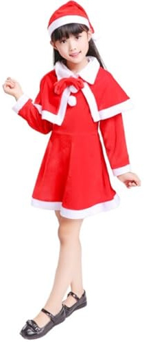 Teogneot Costume di Natale, rosso e bianco, con cappello e vestito, travestimento natalizio, 160 cm