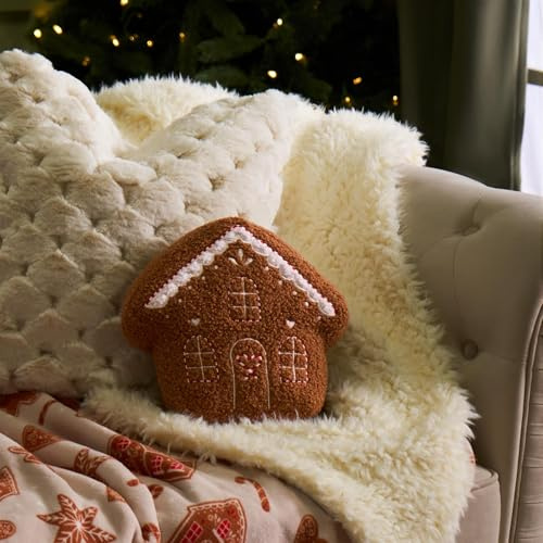 OHS Brown Gingerbread House Christmas Throw Pillow, Soft Cosy Stuffed Scatter Cushion Christmas Decorations Novelty Cushions for Sofa Bed Plush Pillow for Kids Adults, 25 x 25 x 7cm
