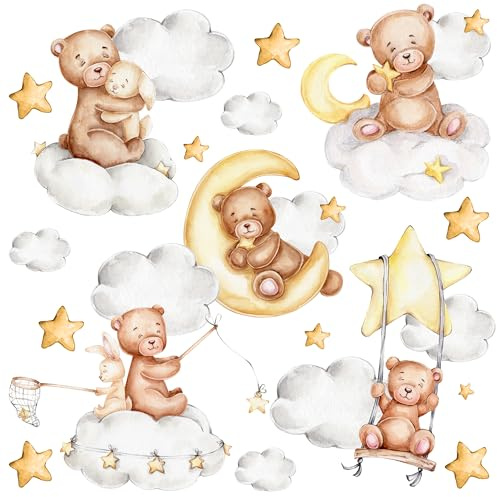 Muralo Wandtattoo Set Süße Teddybären zwischen den Wolken - 120x60 cm | Wandsticker, Modernes Design - ideal für Kinderzimmer, für Mädchen und Jungen, einfach anzubringen