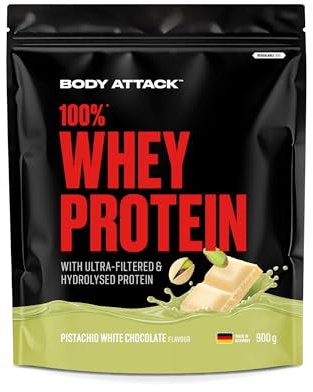 Body Attack 100% Whey Protein Pistachio White Choc. 900 g | cremiges Eiweißpulver mit Hydrolysat und BCAA´s, unterstützt Muskelaufbau und Diäten, Made in Germany