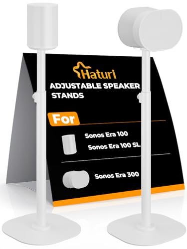 Haturi Speaker Stands Pair for Sonos ERA 300, ERA 100 SL & ERA 100, White | Custom Fit for Sonos Era, Adjustable Height 22–42, Cable Management, Heavy Duty Steel Base, Modern & Minimalist
