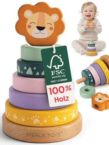 Merle Toys® Stapeltorn från 1 år, 100% FSC-certifierat Babyleksak trä, Stapelleksak Trä, hållbar Stapeltorn Baby, BPA-fri, Motorikleksak 1 år, främjar Finmotoriken, Lejon