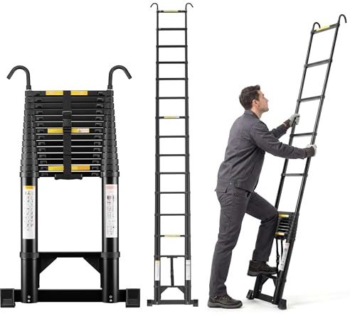 TEENO Escalera telescópica Plegable 4,4 m de Aluminio con Barra estabilizadora y Gancho extraíble, Carga máxima 150 kg